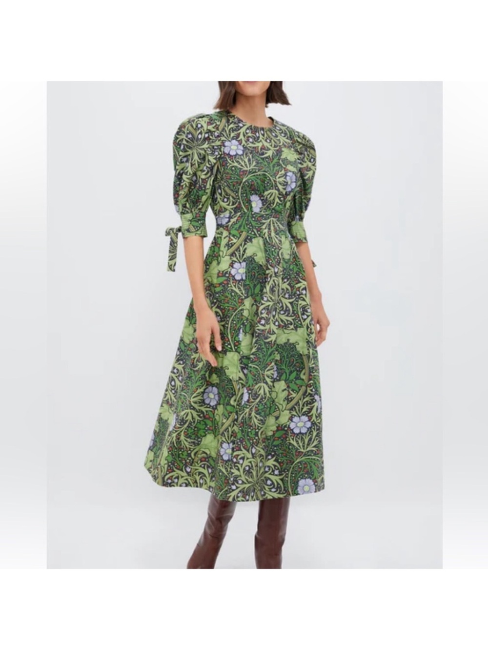 Tuckernuck Hyacinth House Grayson Dress Green Vine Floral puff sleeves Sz L NEW